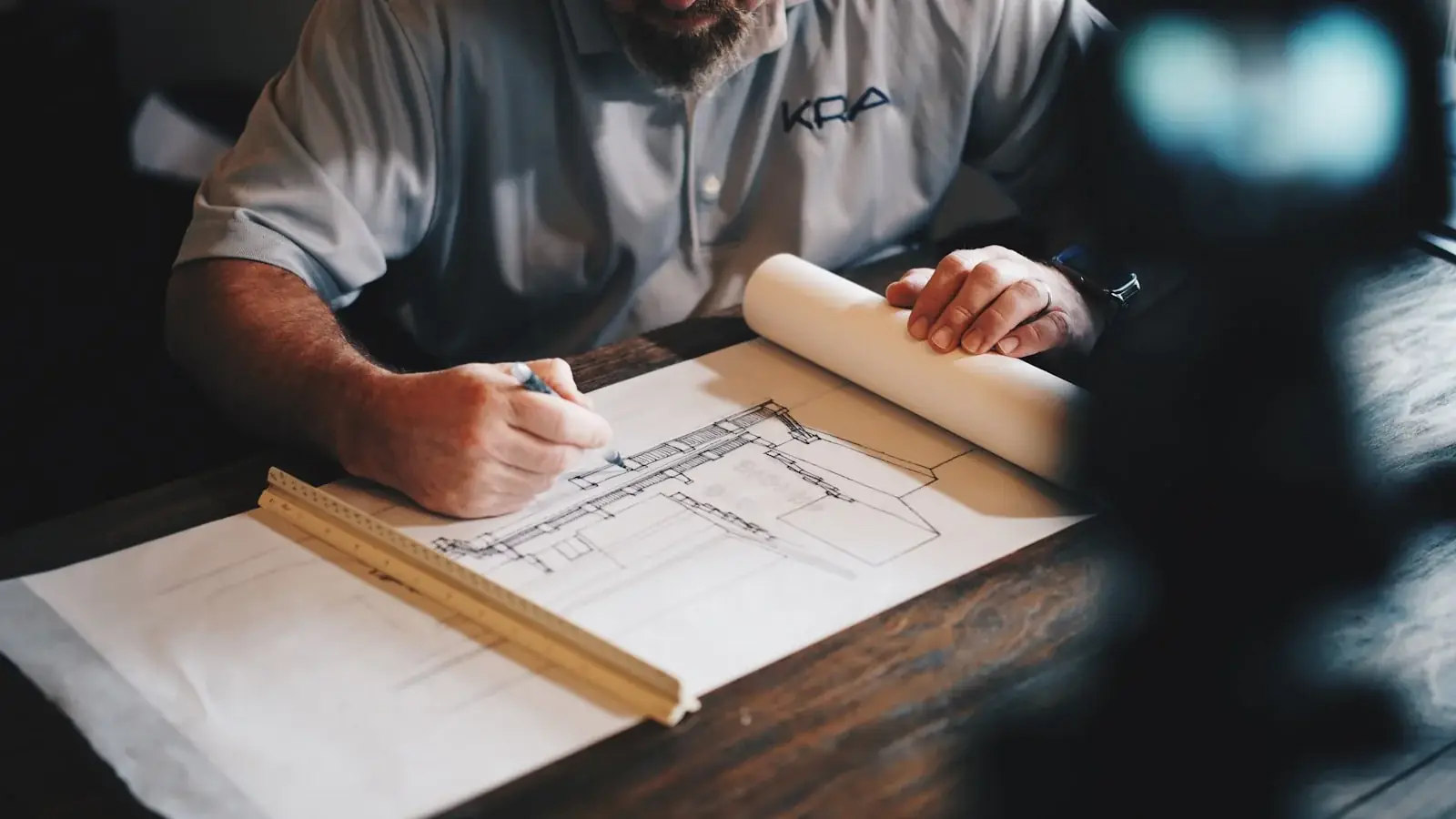 Arquitecto dibujando un plano con regla y lápiz